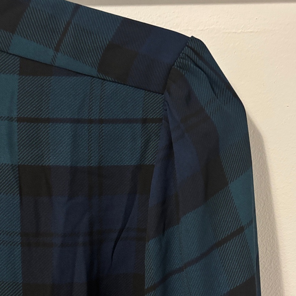 J.Crew Green Navy and Black Plaid Blouse with Bow - Picture 4 of 7